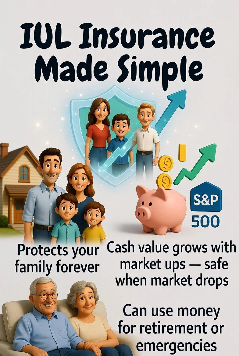 Illustration promoting IUL insurance with a family, piggy bank, and elderly couple, emphasizing protection, growth, and retirement benefits.