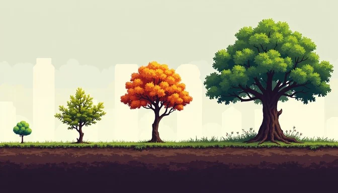 Four trees of varying sizes with city skyline – Representing growth, family legacy, and life insurance planning for the future.