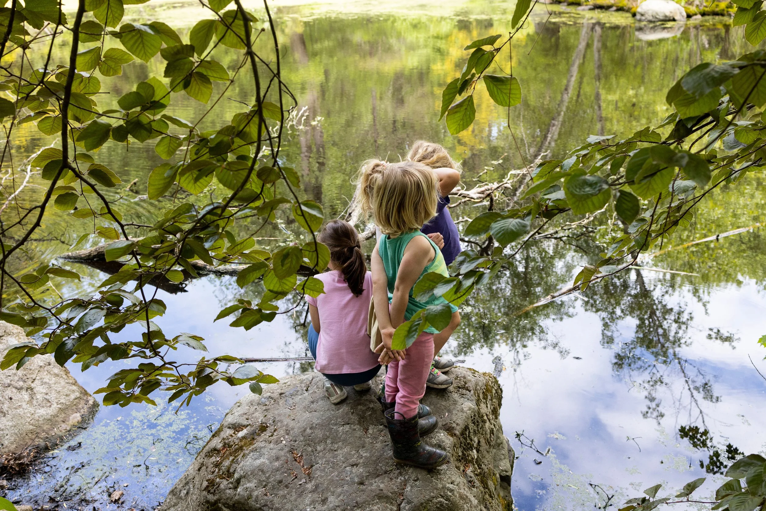 Three children sitting on a large rock by a calm river, surrounded by green trees and leaves, with their backs to the camera.