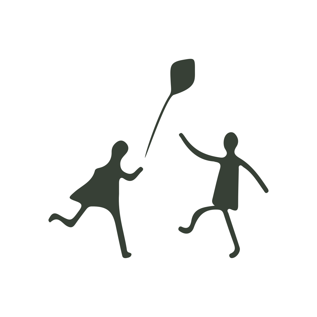 Silhouette illustration of two children playing with a balloon, one child holding the balloon string.