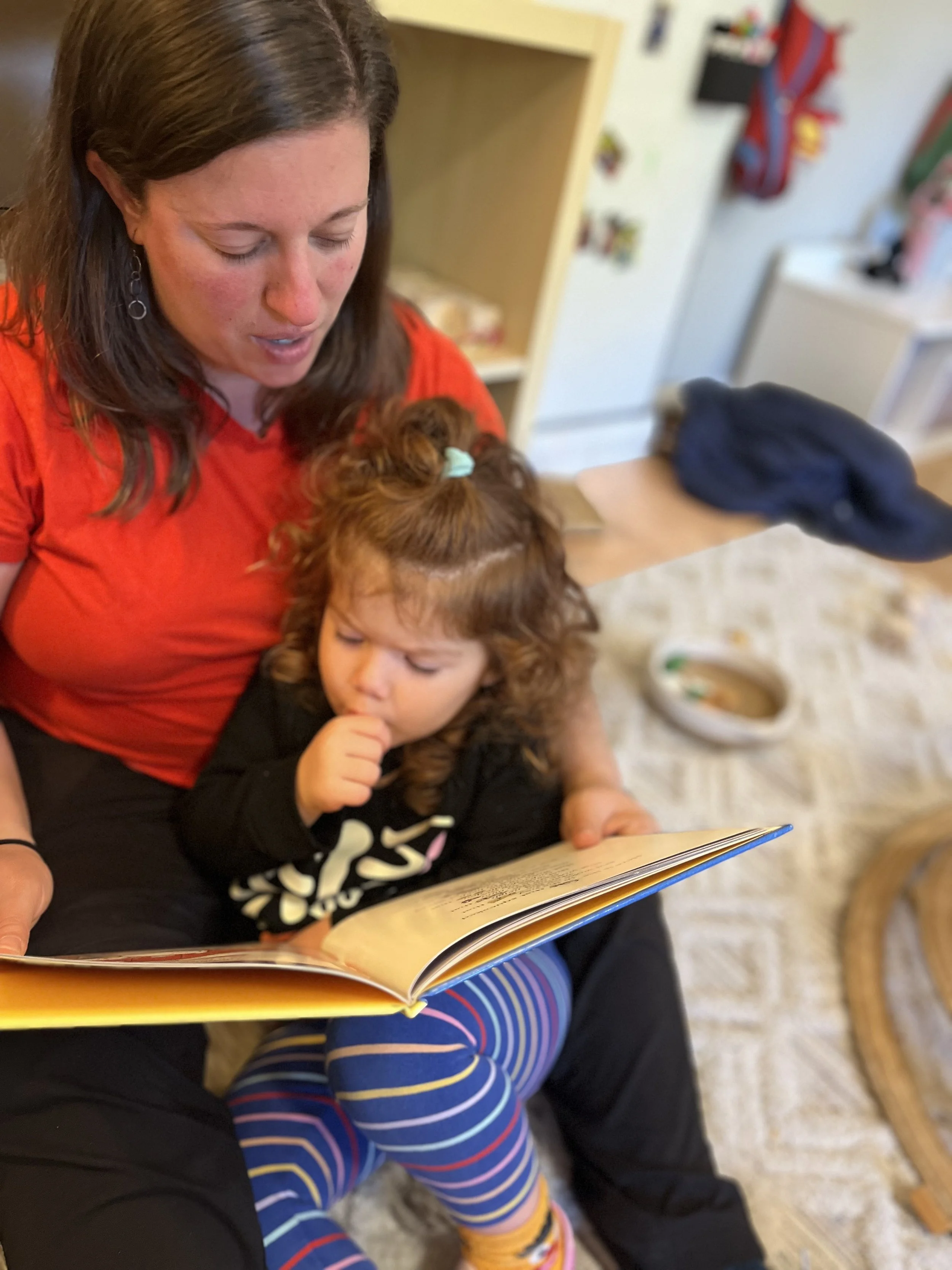 A woman and a young girl sitting together, reading a book. The woman is wearing a red shirt, and the girl with curly hair is wearing colorful striped leggings and a black shirt. They are sitting on a person's lap, with a cozy living room background.