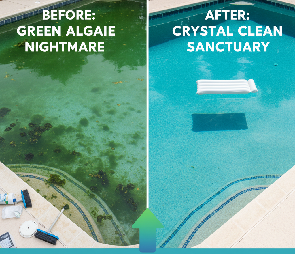Side-by-side comparison of a swimming pool before and after cleaning. The left shows a pool filled with green algae and algae patches, while the right displays a clear, blue, sanitized pool with a float in it.