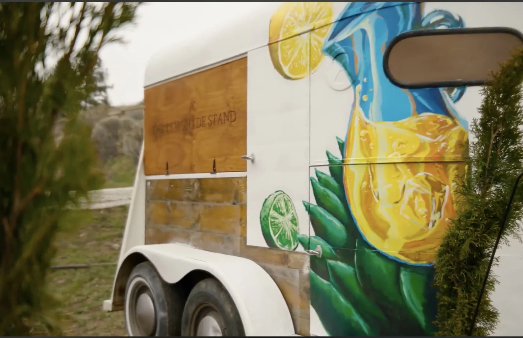 Close-up of a mobile food trailer with colorful painted murals of lemon slices, a cocktail glass with a blue drink, lime, and pineapple, with some greenery in the foreground.