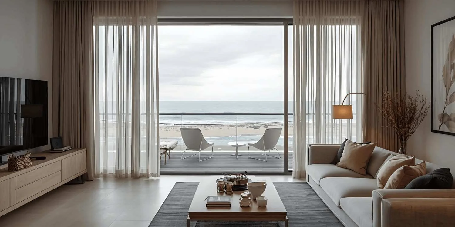 Living room with sliding glass door leading to balcony overlooking the beach and ocean, furnished with a white sofa, side table, and patio chairs outside.