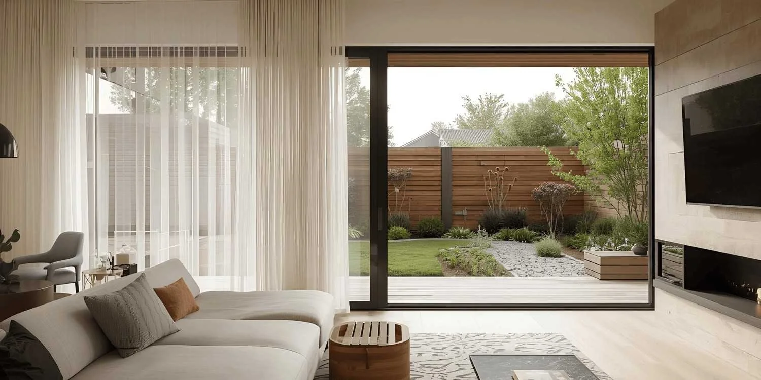 Modern living room with large glass sliding door leading to a backyard garden with green grass, plants, and a wooden fence.