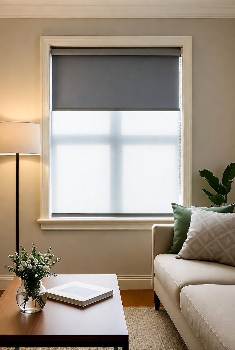 Living room with a window covered by a gray roller blind, a white sofa with green and white pillows, a wooden coffee table with a small vase of white flowers and a book, a floor lamp, and a green leafy plant in the corner.