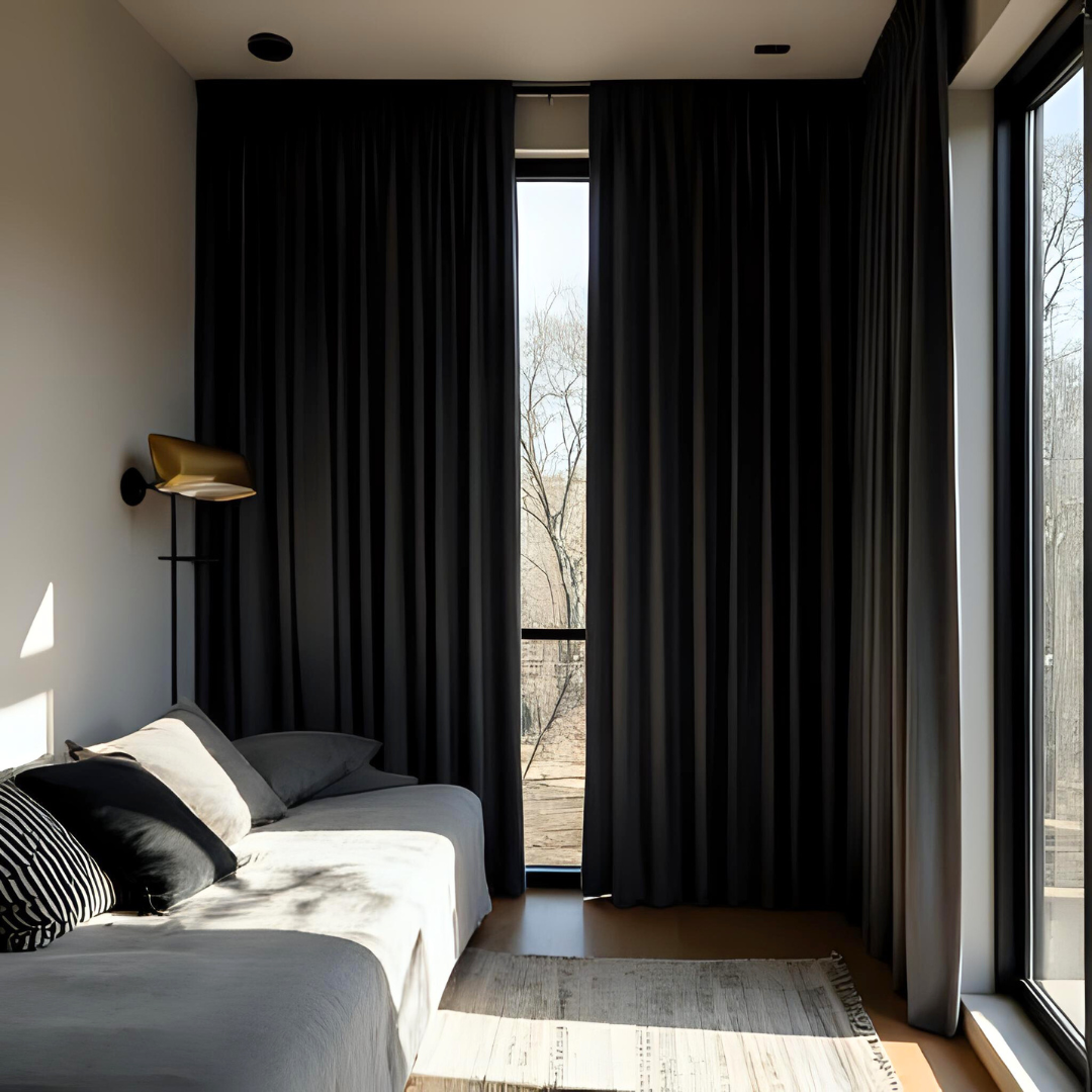 A modern living room with a white sofa, black and patterned pillows, black curtains, and large windows with natural light.