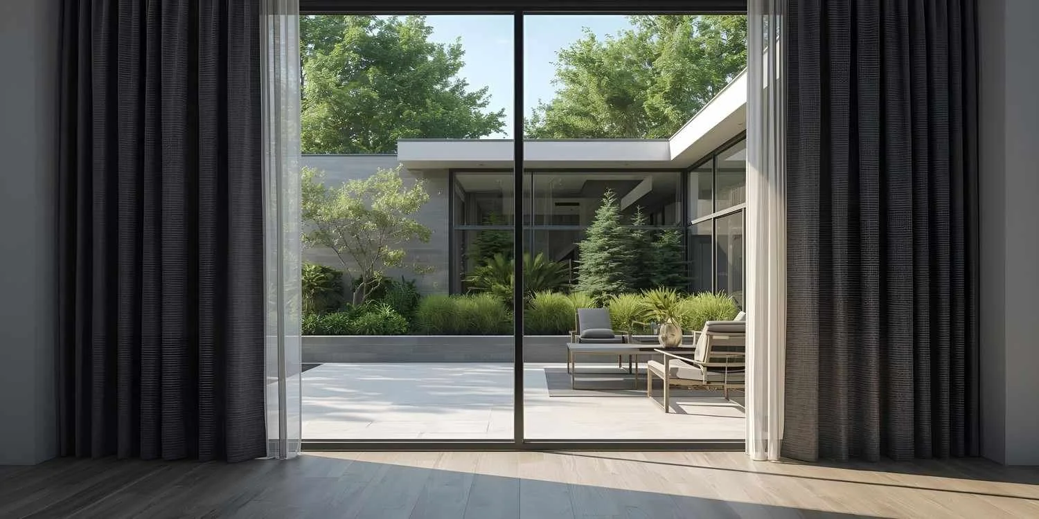 View of a modern courtyard through glass sliding doors with dark curtains, featuring outdoor seating and lush greenery.