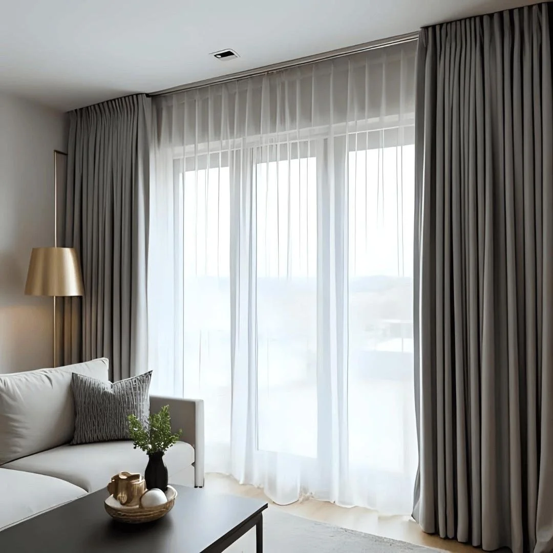 Living room with white sofa, dark gray pillow, beige floor lamp, black coffee table with a vase and decorative objects, large window with sheer white curtains and darker drapes, natural light streaming in.