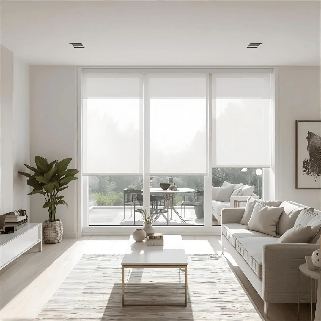 Bright, minimalistic living room with white sofa, coffee table, large windows with roller shades, and an outdoor balcony with seating, decorated with plants and modern art.