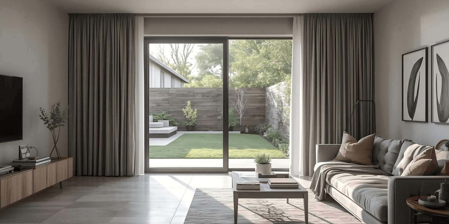 Modern living room with large sliding glass door opening to a backyard garden with grass, plants, and trees, framed by beige curtains, with a sofa, coffee table, artwork on the wall, and a TV on a wooden console.