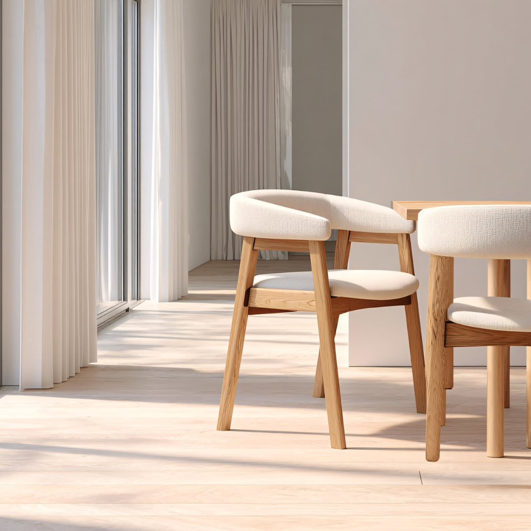 A modern, minimalist dining area with light-colored wooden chairs and a table, large windows with curtains, and natural sunlight streaming in, illuminating the space.