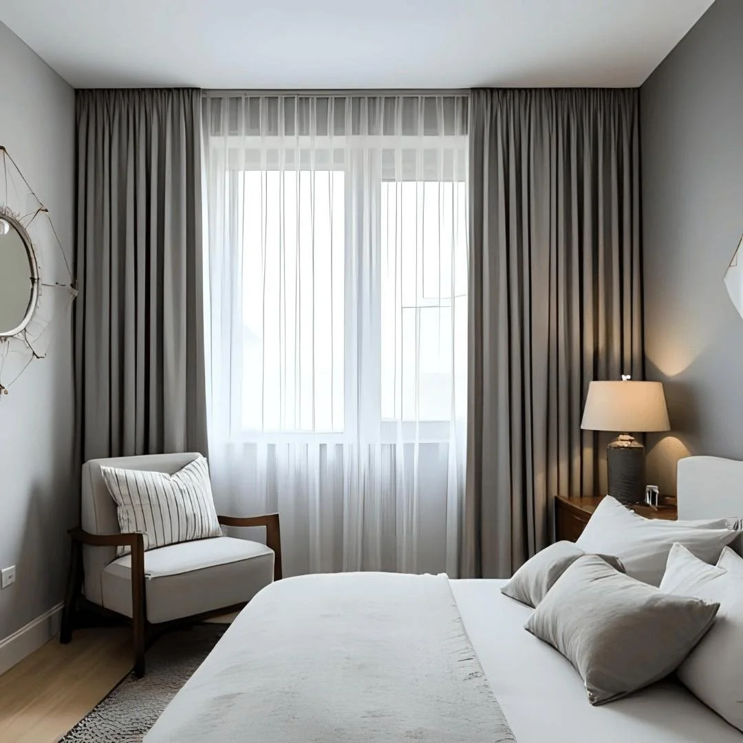A hotel room with a bed, nightstand, lamp, armchair, and large window with curtains