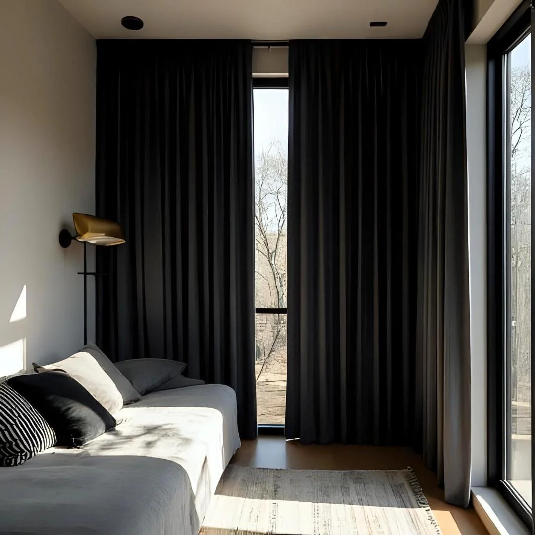 A modern living room corner with a light gray sofa with pillows, a small floor lamp, and large windows with dark curtains and sheer white curtains, letting in natural sunlight.