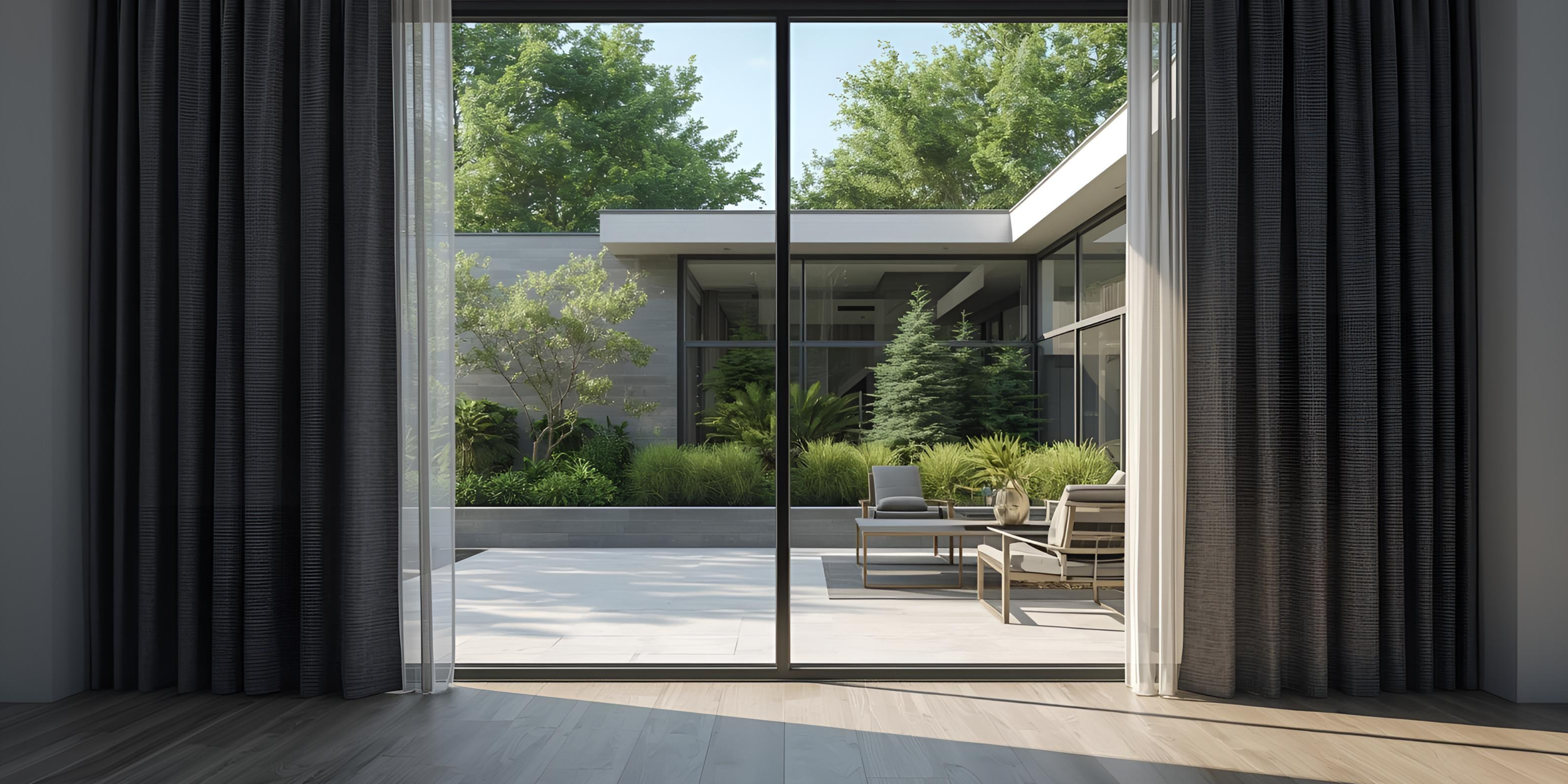 View through a large glass sliding door to a modern outdoor patio with seating area, lush greenery, and trees in a residential backyard.
