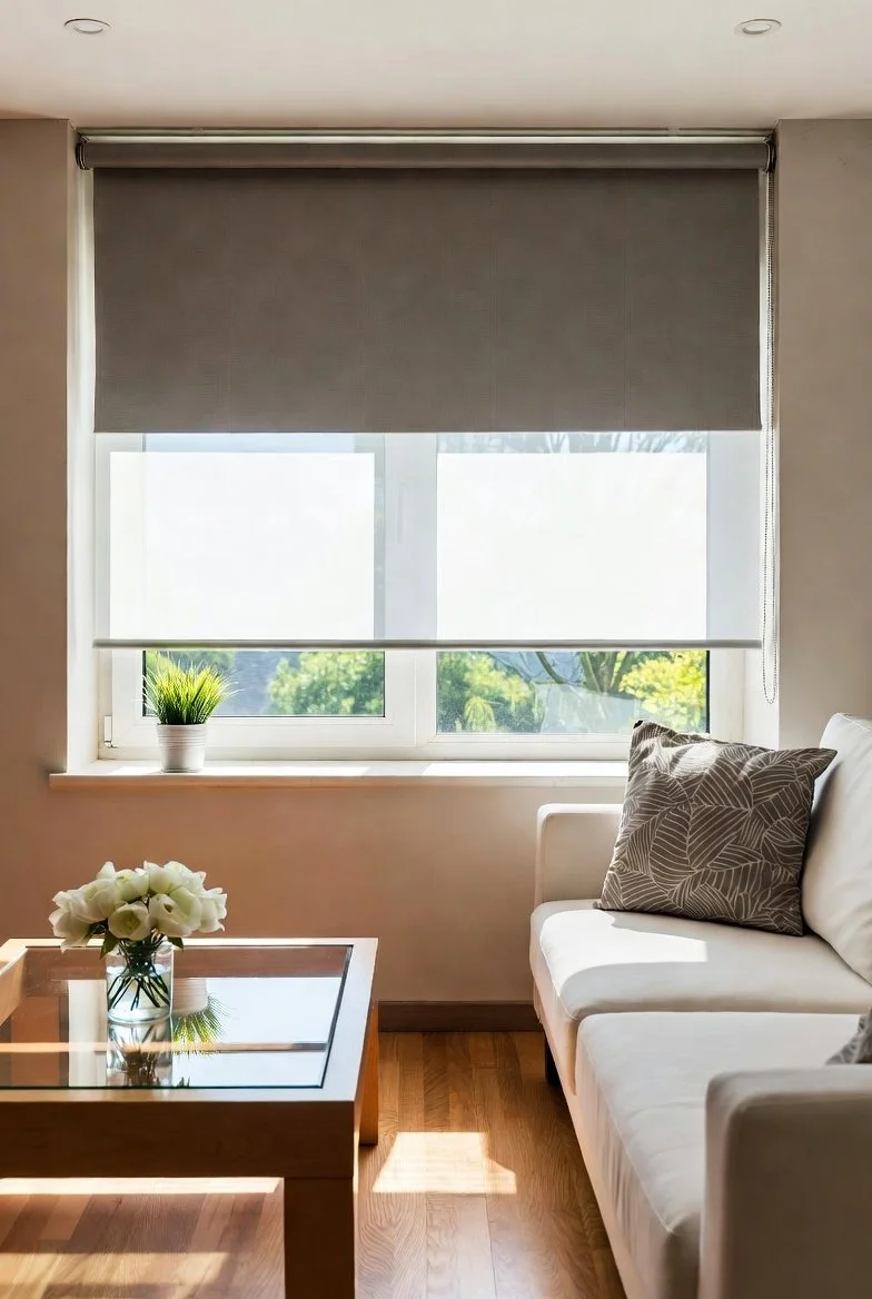 Living room with a window covered by a dual roller blind, a white sofa with a patterned pillow, a wooden coffee table with a vase of white flowers, and a small potted plant on the windowsill.