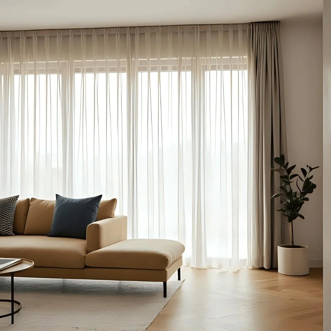Living room with beige sofa, dark blue and patterned throw pillows, white sheer curtains, a potted plant in a white planter, and a small round coffee table.
