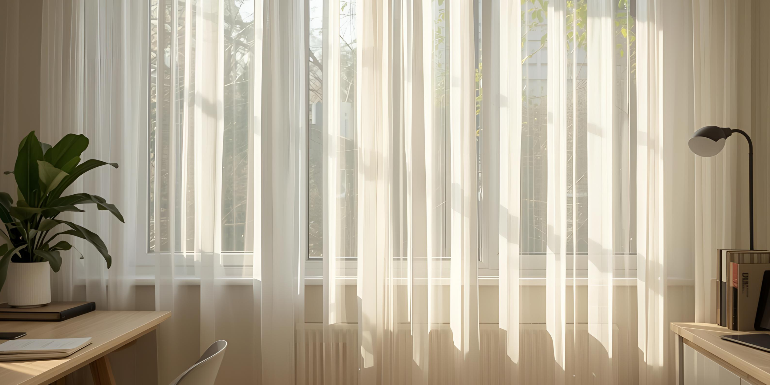 A room with large windows covered with sheer white curtains, sunlight streaming through, and a potted plant on a desk to the left, with a modern lamp and bookshelf on the right.