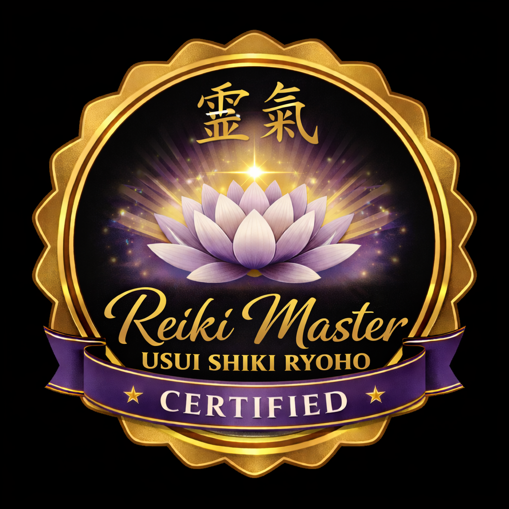 A certification badge with a gold border, featuring a purple lotus flower and a glowing star at the top. The badge reads 'Reiki Master' and 'Usui Shiki Ryoho' with a purple ribbon at the bottom stating 'Certified'.