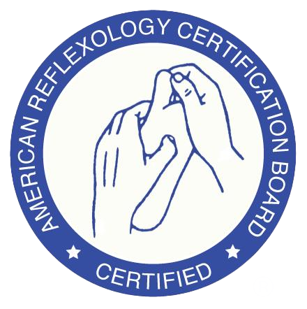 Logo of the American Reflexology Certification Board featuring two hands performing reflexology on a person's foot, representing the Reflexology Foot Certification.