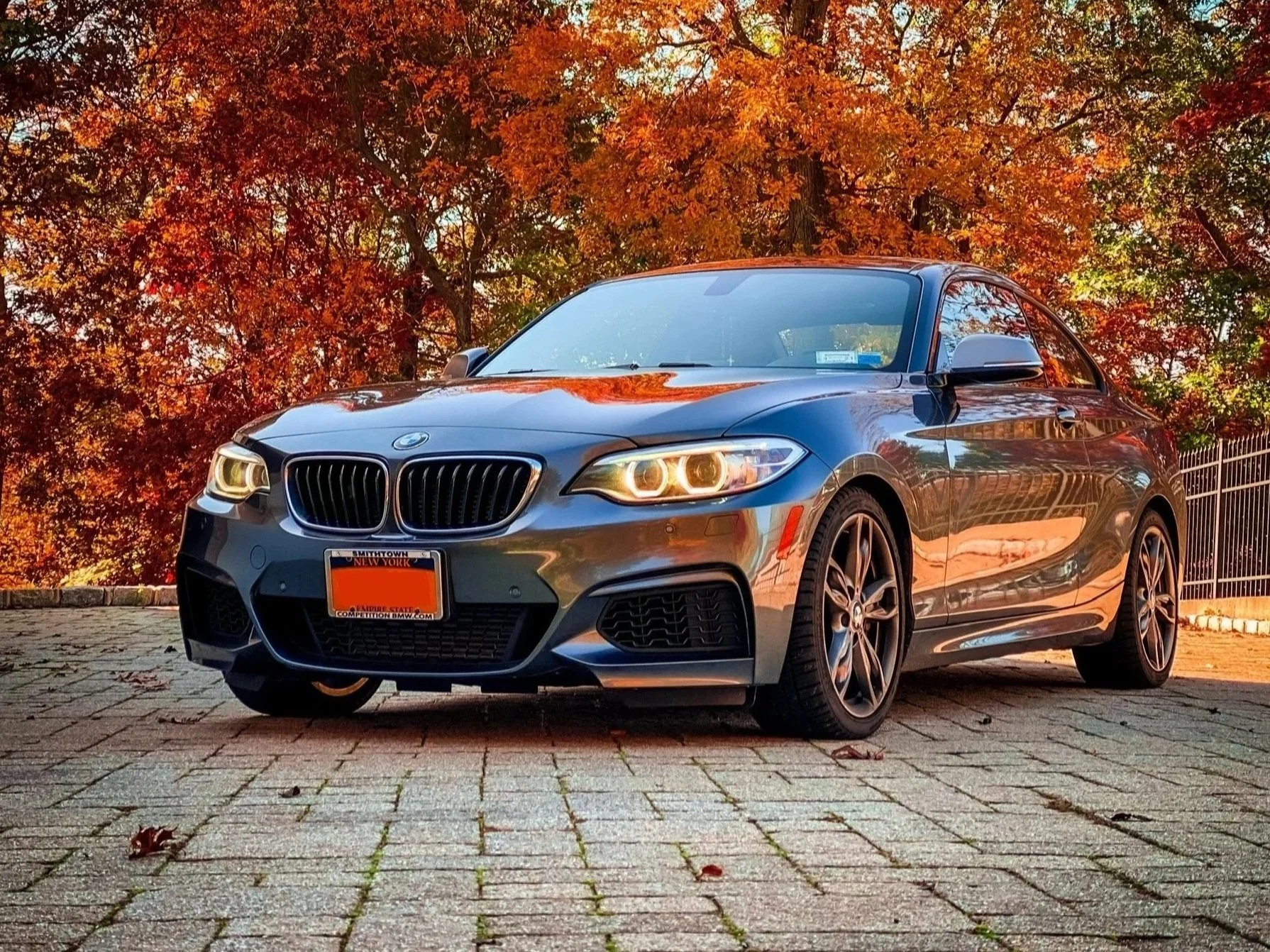 A dark gray BMW coupe parked on a brick-paved surface with fall foliage in the background.