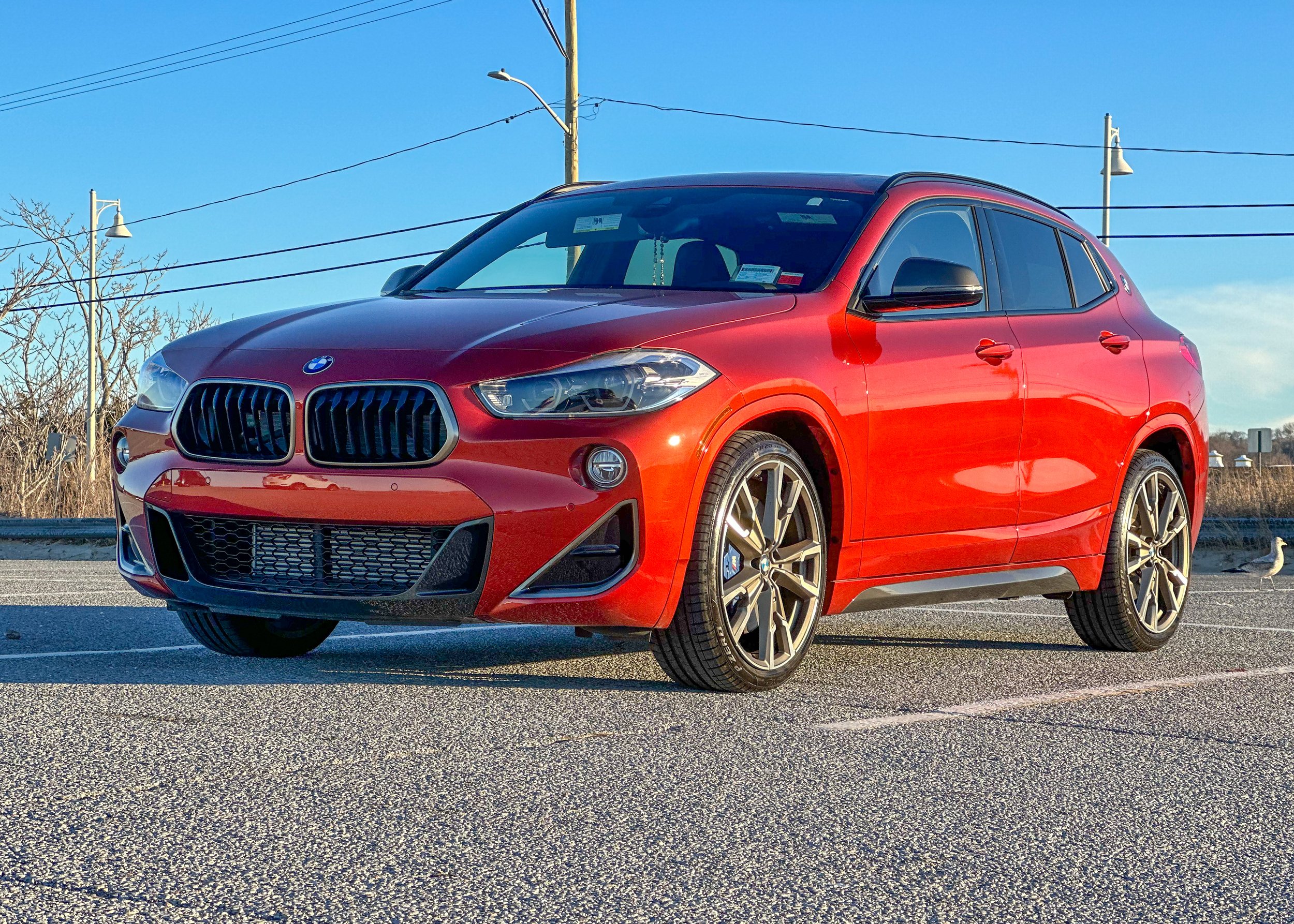 A red BMW SUV parked on a paved lot with power lines and streetlights in the background. There are sparse trees and a bird on the ground nearby.