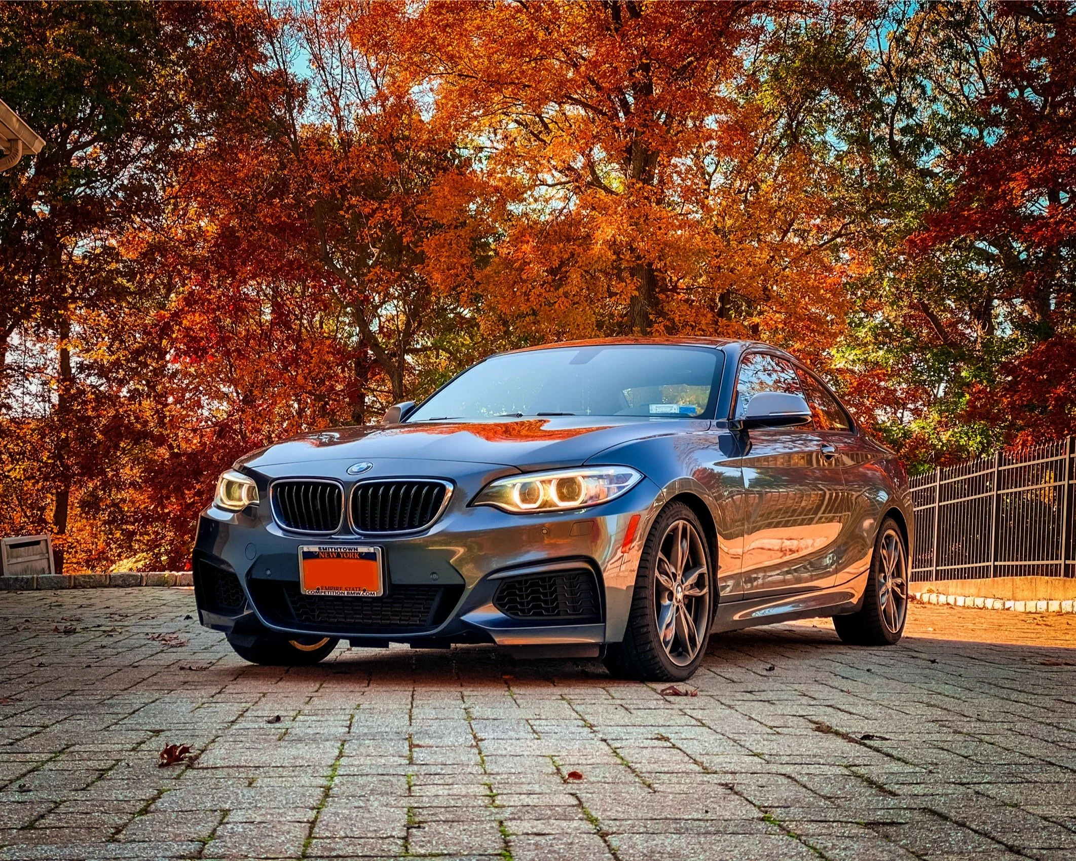 A gray BMW car parked on a brick driveway with an autumn tree with orange and red leaves in the background.