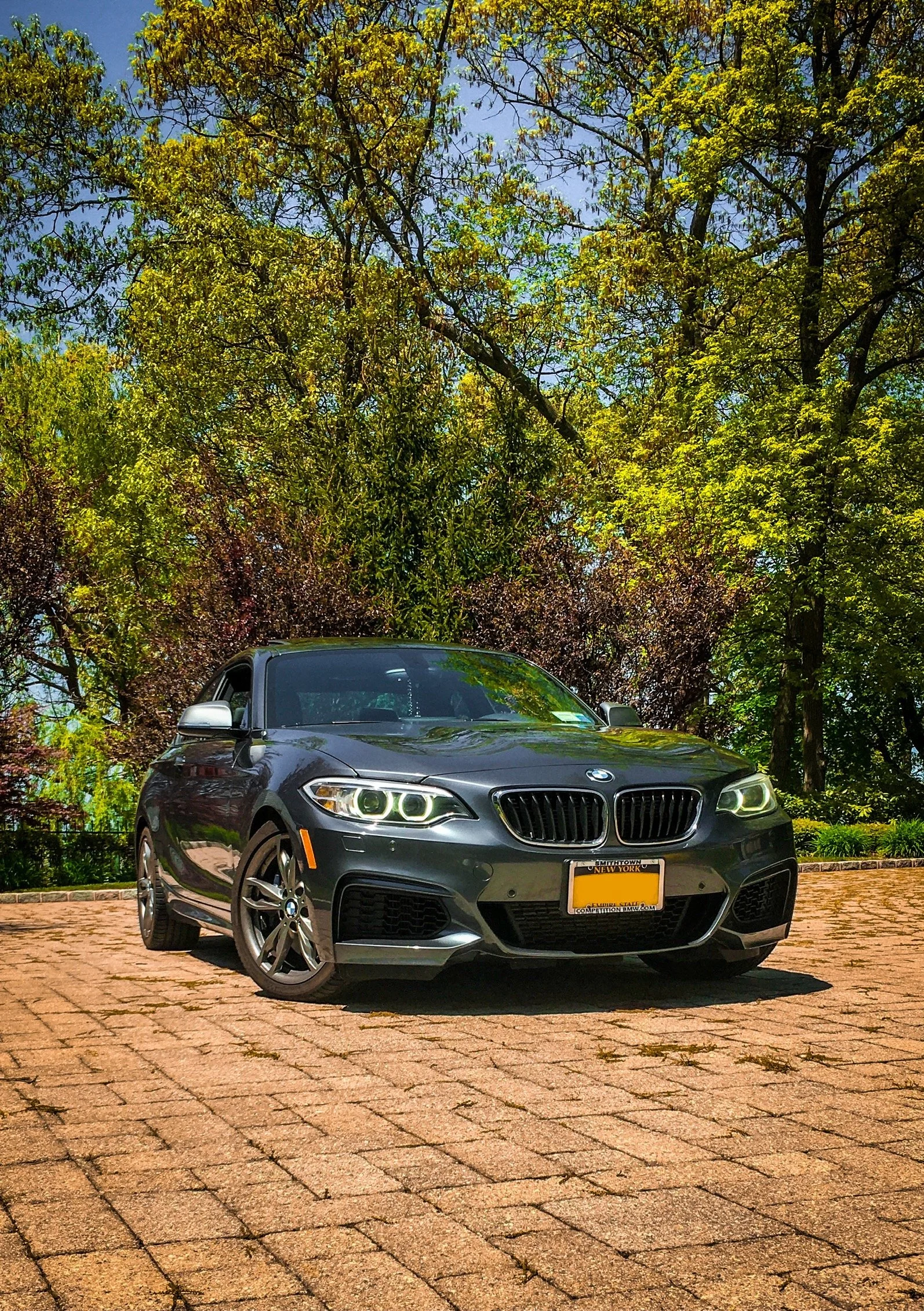 Black BMW car parked on a brick pavement with trees in the background and a clear blue sky.
