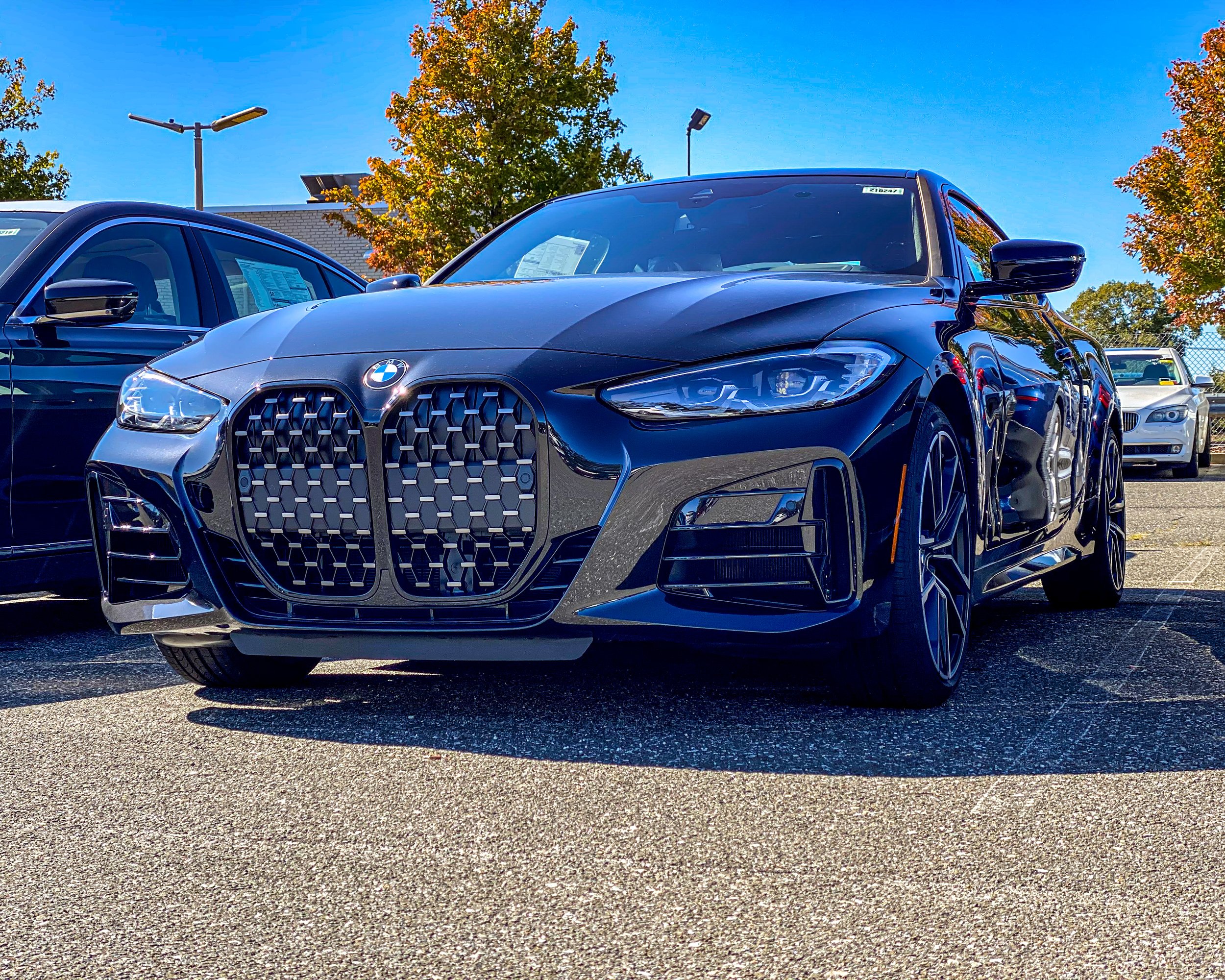 Black BMW and other cars parked in a lot with trees and blue sky in the background.