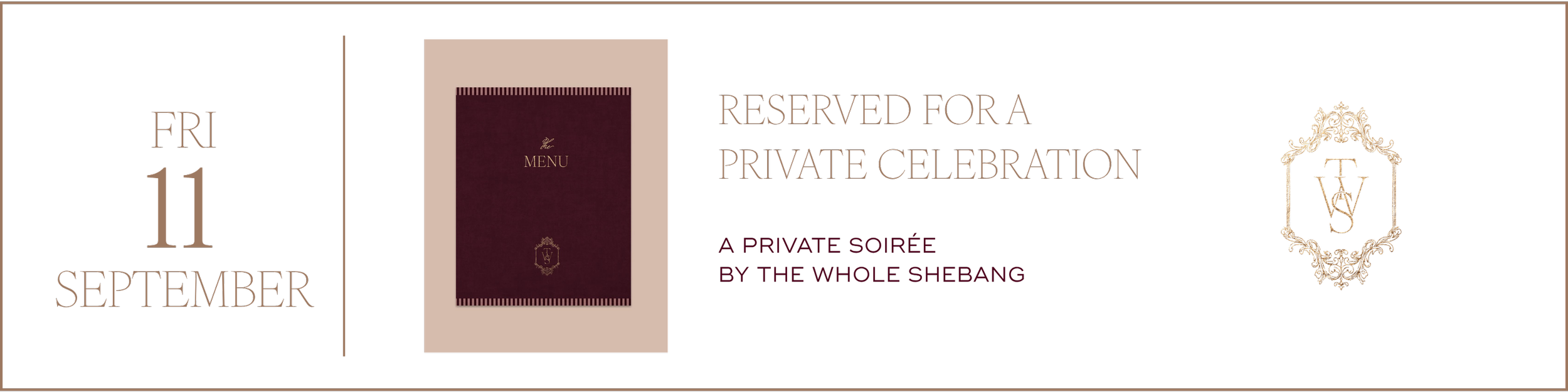 Event invitation graphic with date September 11, reserved for private celebration, featuring a burgundy menu cover and an ornate logo.