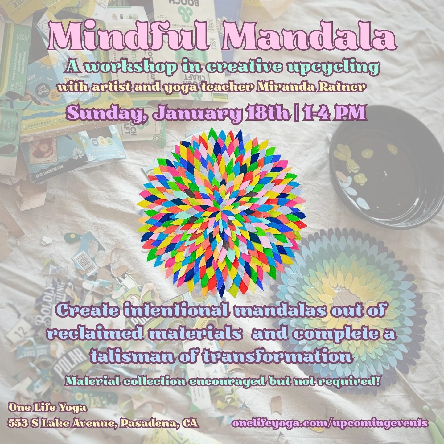 Looking for a creative pause to start the year?

Join OLY instructor and artist Miranda Ratner for Mindful Mandala: A Workshop in Creative Recycling, a quiet, intentional space to slow down, work with reclaimed materials, and find meaning in the simp