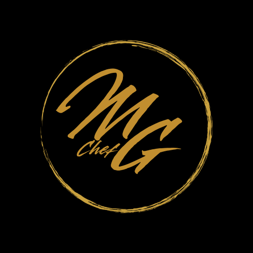 Gold logo with the text inside a circular brushstroke on a black background. chef matt geiger