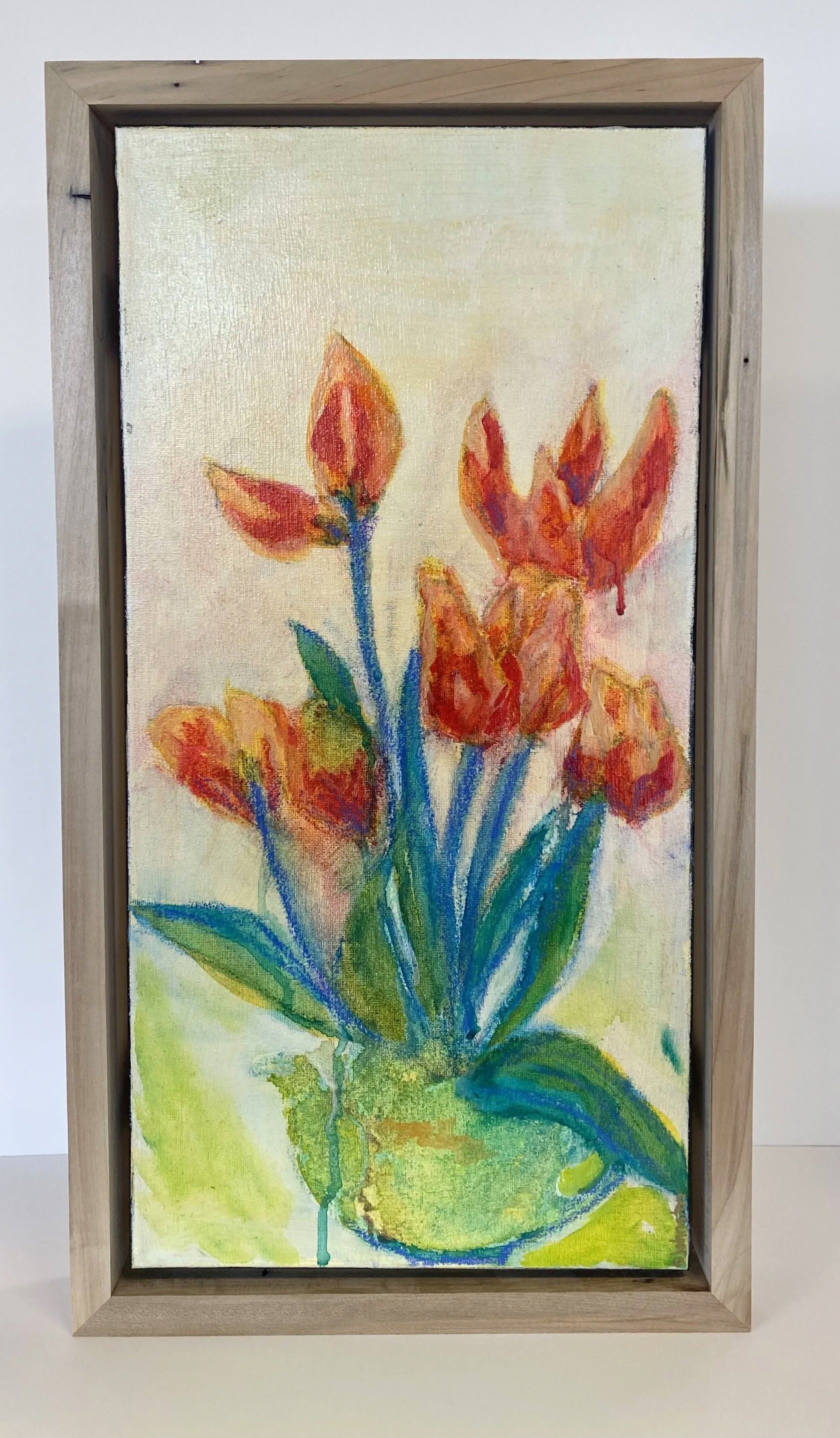 Green Teapot (Tulips) 20" x 10" Acrylic on canvas framed in Maple to 22" x 12"
$510 available.
