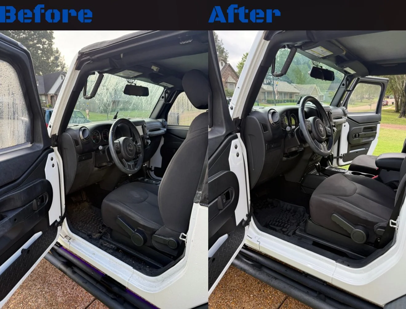 Side-by-side comparison of a vehicle interior before and after cleaning, showing a cleaner, more polished dashboard and seats in the after image.