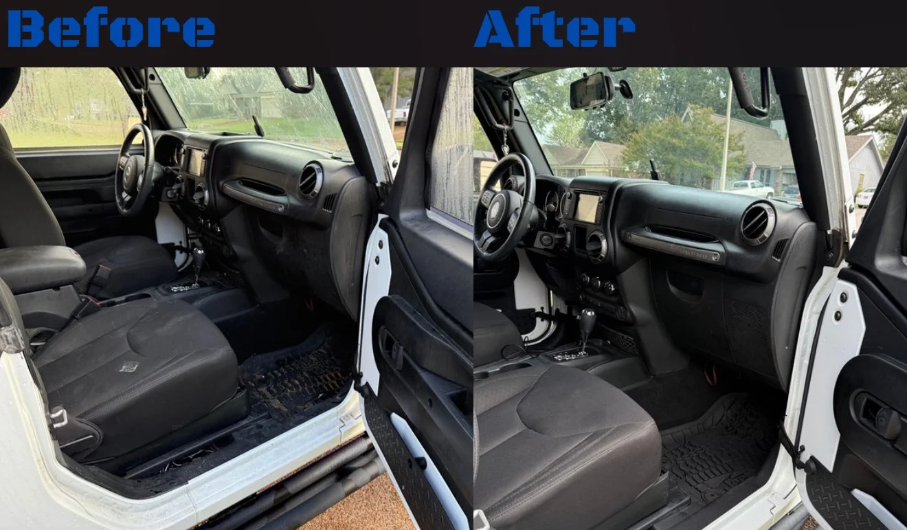 Side-by-side comparison of a vehicle interior labeled 'Before' and 'After', showing the clean-up or detailing of the dashboard, seats, and floor mats.