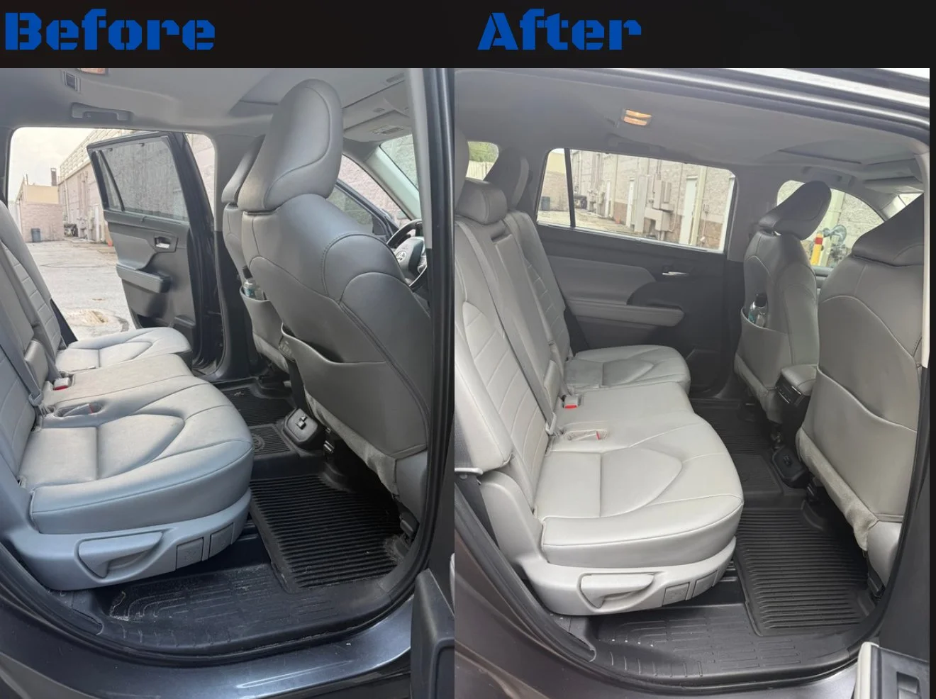 Comparison of the backseat area of a vehicle before and after cleaning, showing cleaner, lighter-colored seats and floors in the after image.