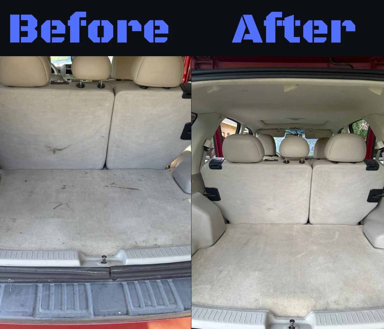 Comparison of car trunk interior before and after cleaning, showing less dirt and stains in the after image.