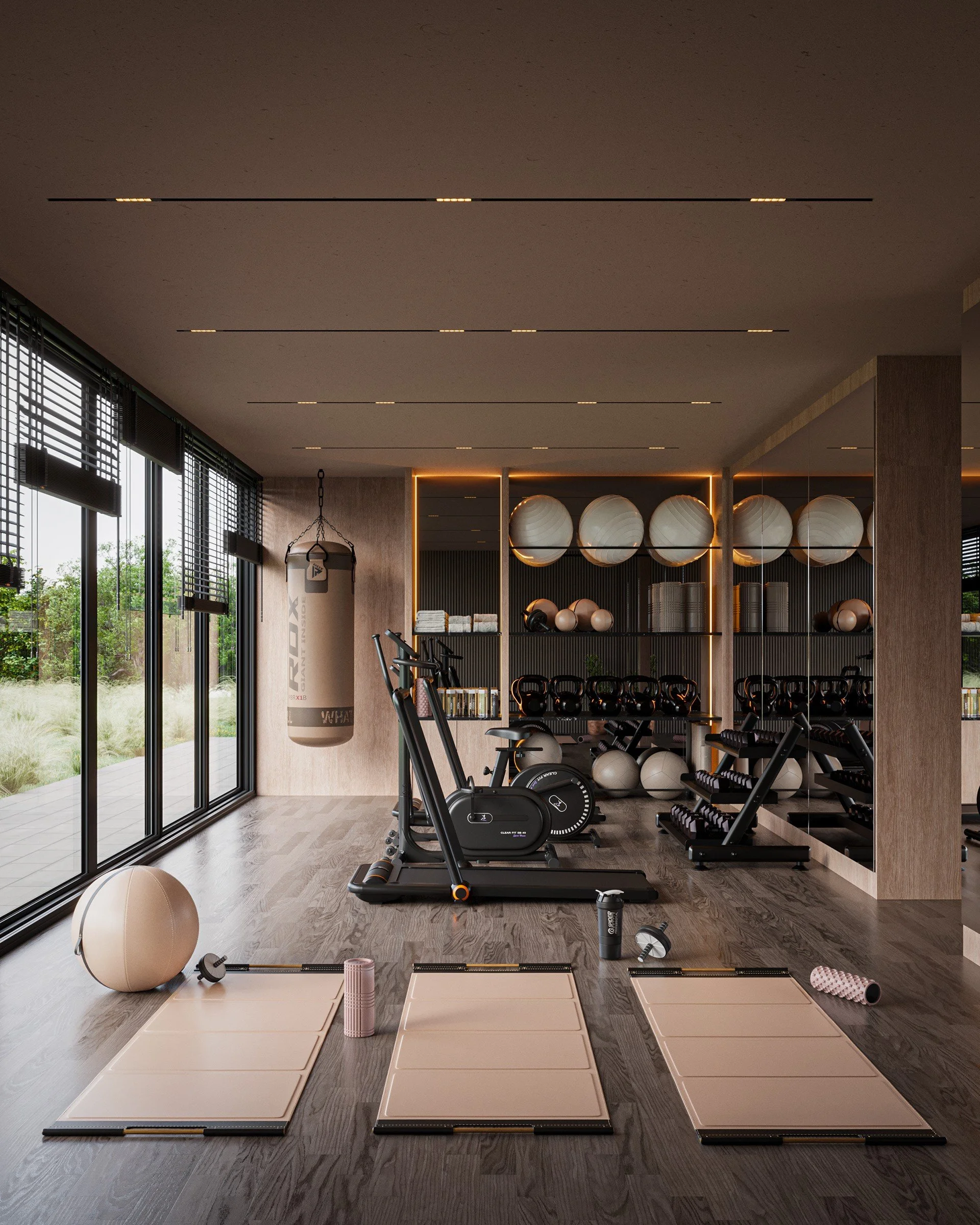 Modern gym with exercise equipment, including a boxing bag, stationary bikes, dumbbells, medicine balls, and yoga mats, featuring large windows and wooden accents.