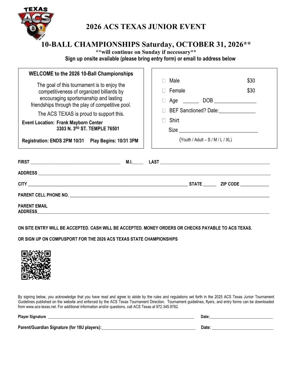 2026 ACS TEXAS JUNIOR ENTRY FORM