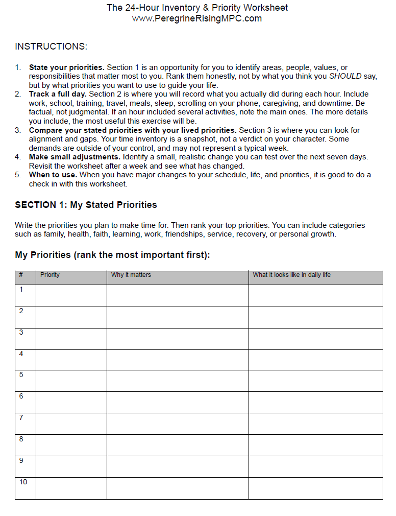 24-Hour Inventory & Priorities Worksheet