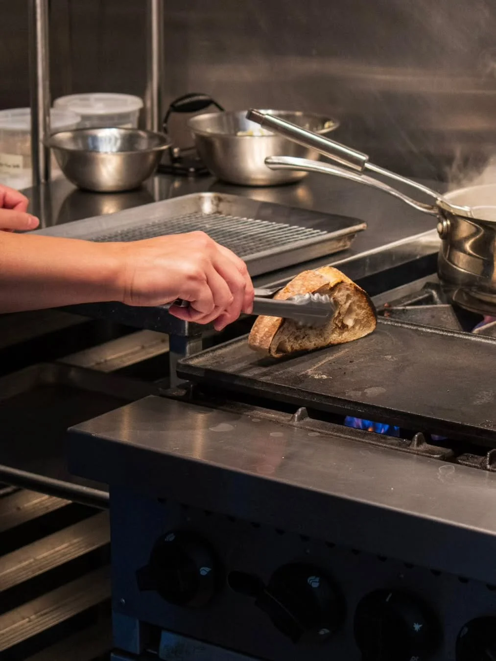 we make our sourdough in house and use it for
tea service bread &amp; butter and late night toasts.

we save the trim or extras to dry out and recycle into new projects like miso or kvass.

one product can be used in so many ways and sometimes curbin
