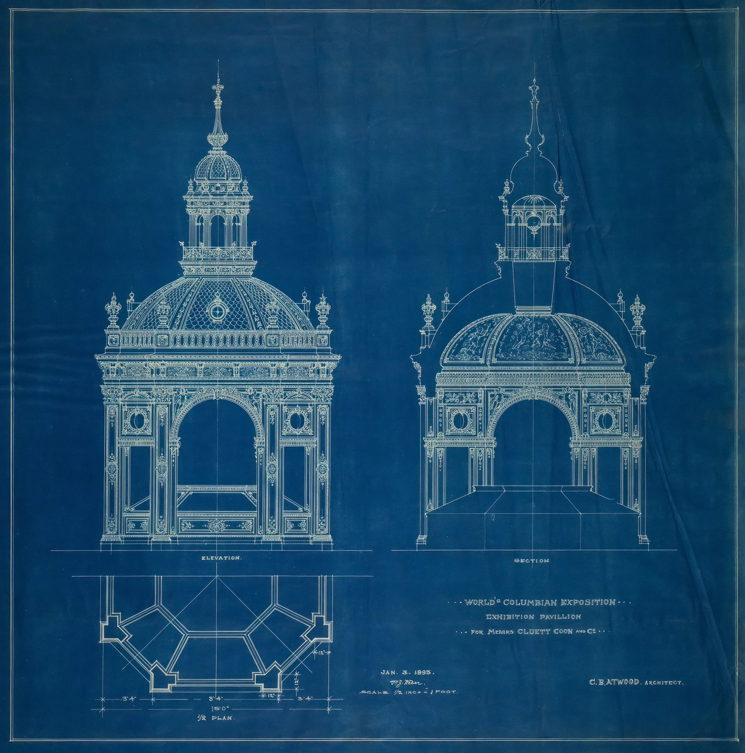 Blueprint drawing of the elevation, section, and floor plan of the World's Columbian Exposition Exhibition Pavilion, designed by architect C.B. Batwood, dated January 8, 1893.