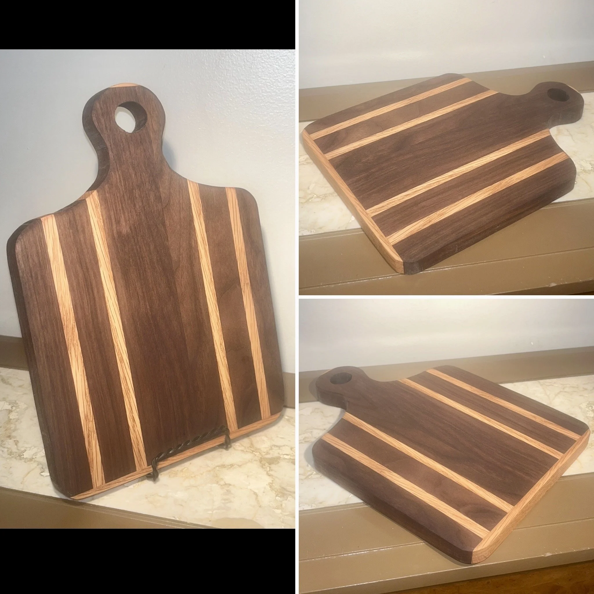 Handcrafted Walnut & Oak Striped Breadboard with Handle