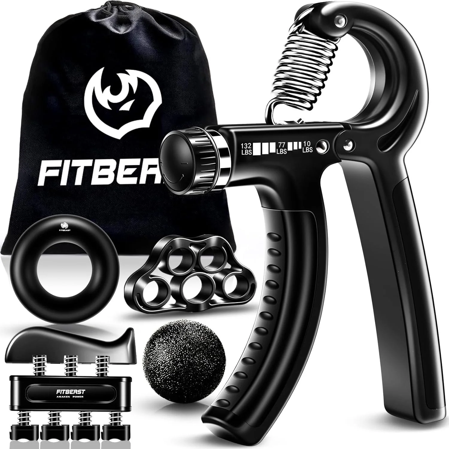 Black handheld massage gun with weight and accessories, including a massage ring, a textured ball, a knuckle attachment, a multi-attachment holder, and a carrying pouch with the FITBEAR logo.
