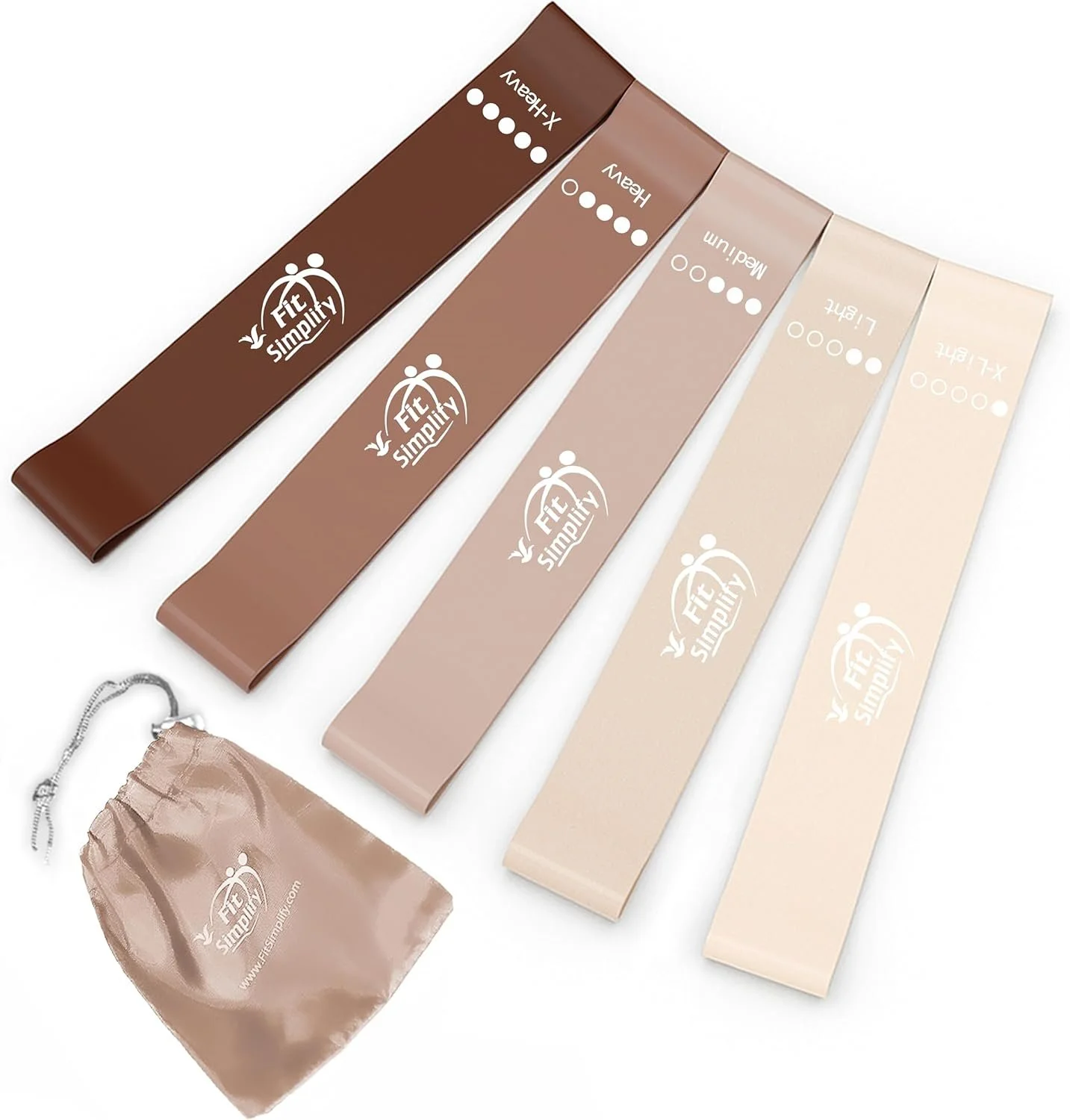 Five color swatches of hair color and a small satin bag with the Fit Simply logo and website on it.