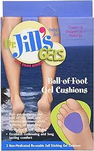 Package of Dr. Jill's Gels ball of foot gel cushions showing a foot with a gel cushion insole and a close-up of the gel cushion in pink and yellow colors.