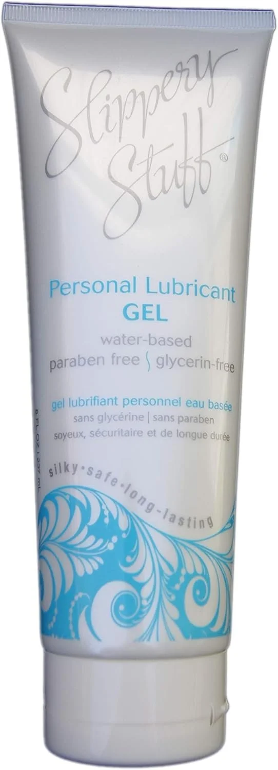 A tube of Slippery Stuff Personal Lubricant Gel with blue and white packaging, featuring a swirling wave design and text indicating it is water-based, paraben-free, and glycerin-free.