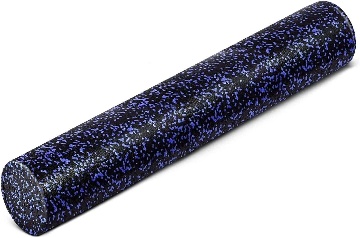 Black foam roller with blue speckled pattern.