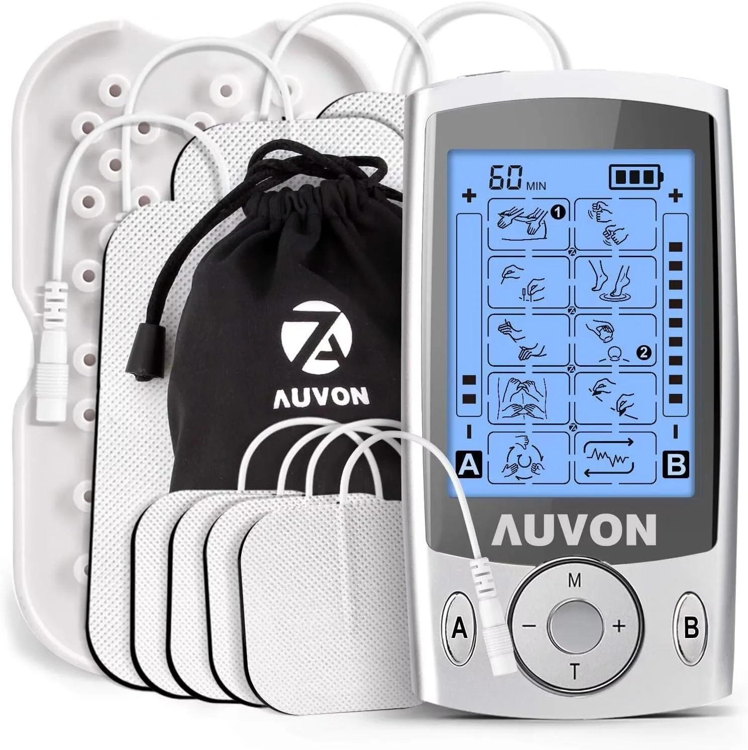 Electrical muscle stimulation device with adhesive pads, wires, a black drawstring bag, and a control unit with a digital screen showing settings and instructions.