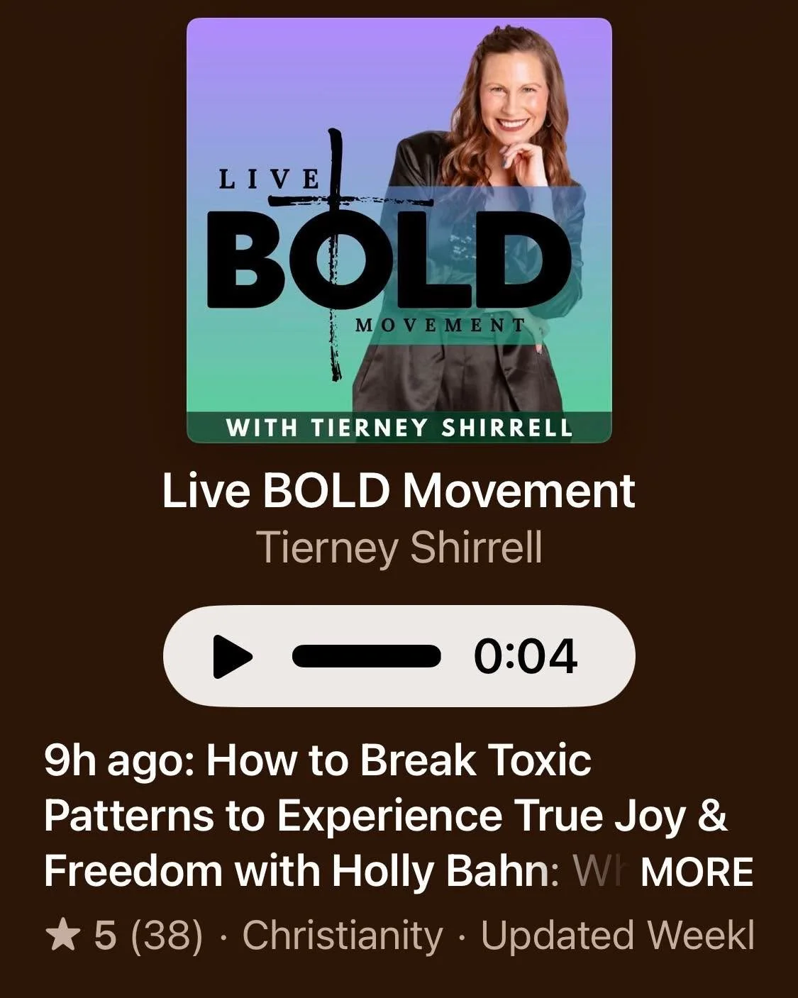 Hi guys, I had the privilege of being a guest on the live BOLD movement podcast. I&rsquo;d love to share it with you and if you know a woman who could use some encouragement, please share.

https://podcasts.apple.com/us/podcast/live-bold-movement/id1